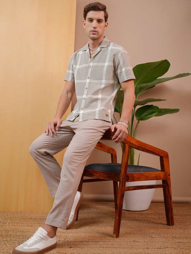 Locomotive Premium Men Khaki Dobby Textured Cuban Collar Relaxed Shirt - Khaki - Image 2