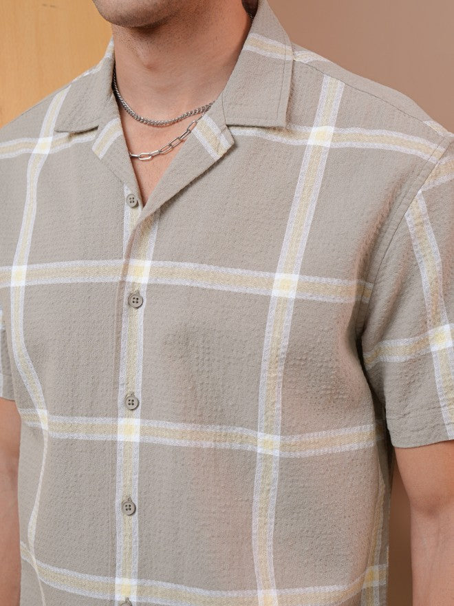 Locomotive Premium Men Khaki Dobby Textured Cuban Collar Relaxed Shirt - Khaki - Image 5