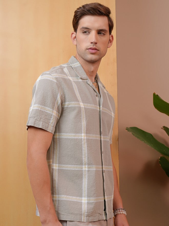Locomotive Premium Men Khaki Dobby Textured Cuban Collar Relaxed Shirt - Khaki - Image 6