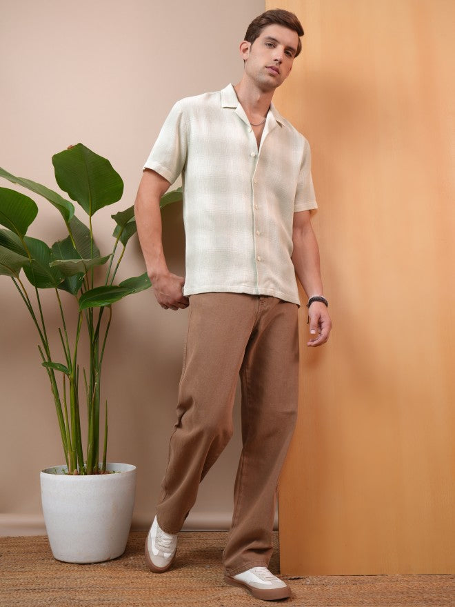 Locomotive Premium Men Khaki Dobby Textured Checked Cuban Collar Relaxed Shirt - Khaki - Image 2