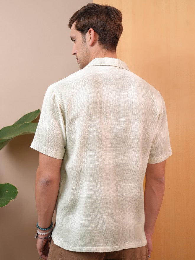 Locomotive Premium Men Khaki Dobby Textured Checked Cuban Collar Relaxed Shirt - Khaki - Image 3