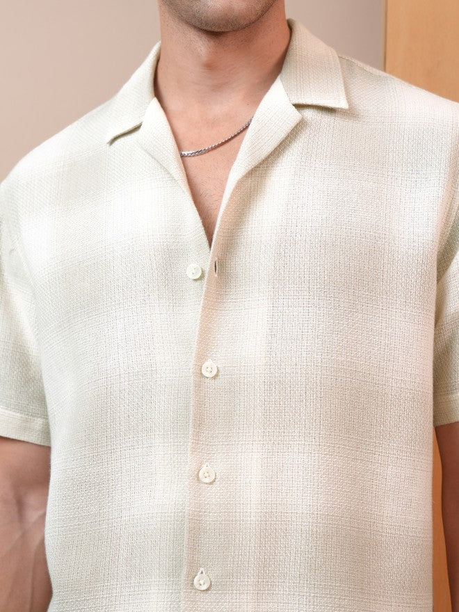 Locomotive Premium Men Khaki Dobby Textured Checked Cuban Collar Relaxed Shirt - Khaki - Image 5