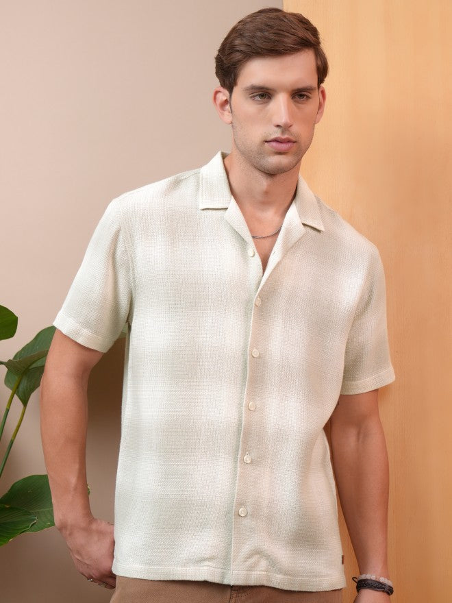 Locomotive Premium Men Khaki Dobby Textured Checked Cuban Collar Relaxed Shirt - Khaki - Image 7