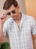 Locomotive Premium Men Grey Dobby Textured Checked Cuban Collar Relaxed Shirt - Grey - Image 1