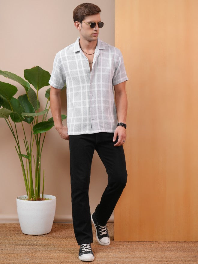 Locomotive Premium Men Grey Dobby Textured Checked Cuban Collar Relaxed Shirt - Grey - Image 2