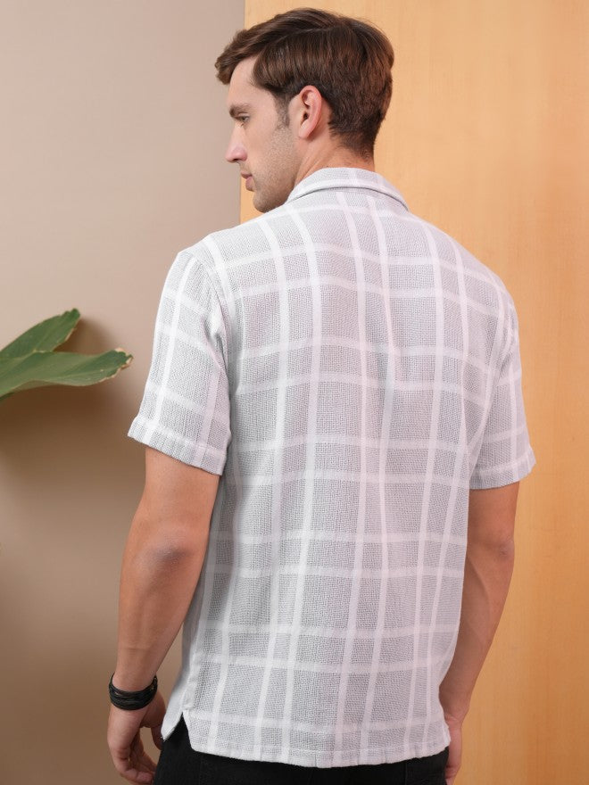 Locomotive Premium Men Grey Dobby Textured Checked Cuban Collar Relaxed Shirt - Grey - Image 3
