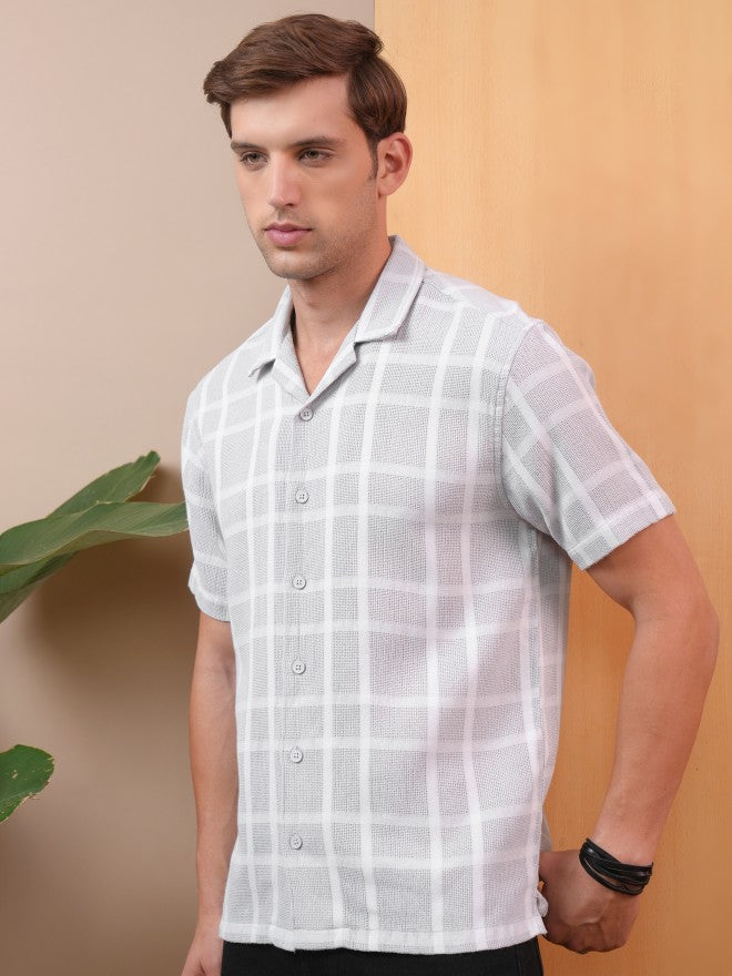 Locomotive Premium Men Grey Dobby Textured Checked Cuban Collar Relaxed Shirt - Grey - Image 4
