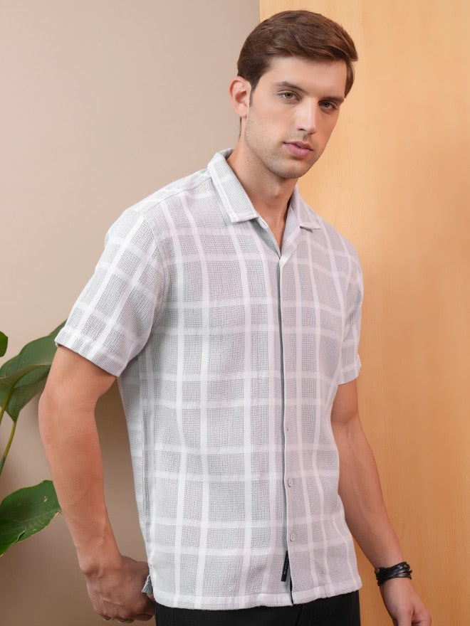 Locomotive Premium Men Grey Dobby Textured Checked Cuban Collar Relaxed Shirt - Grey - Image 6