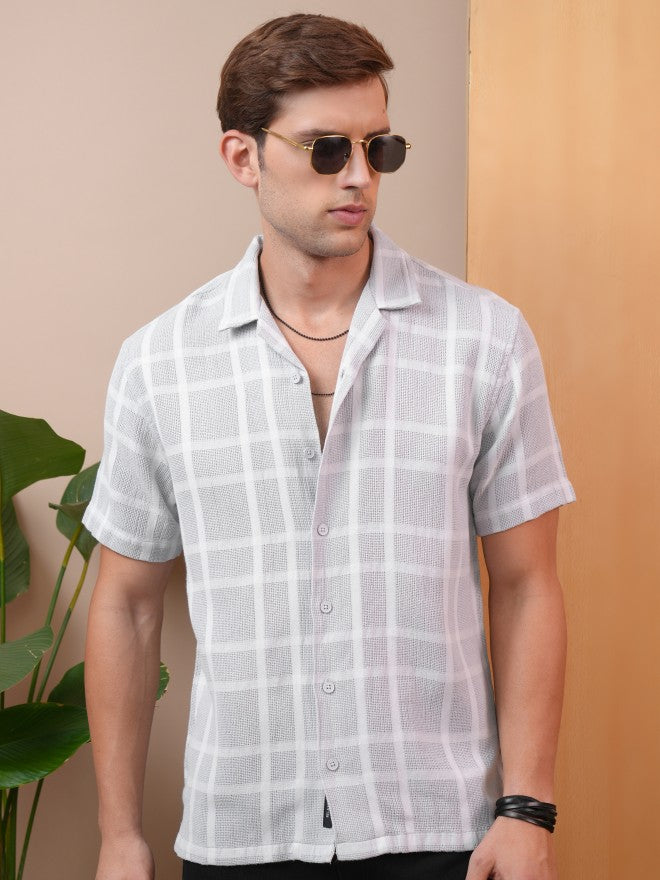 Locomotive Premium Men Grey Dobby Textured Checked Cuban Collar Relaxed Shirt - Grey - Image 7