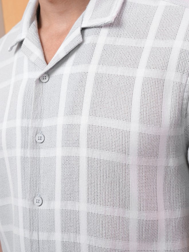 Locomotive Premium Men Grey Dobby Textured Checked Cuban Collar Relaxed Shirt - Grey - Image 8