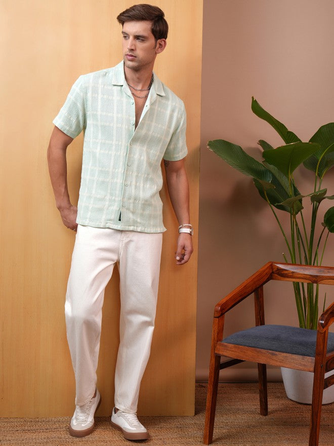 Locomotive Premium Men Green Checked Regular Fit Casual Shirt - Green - Image 2