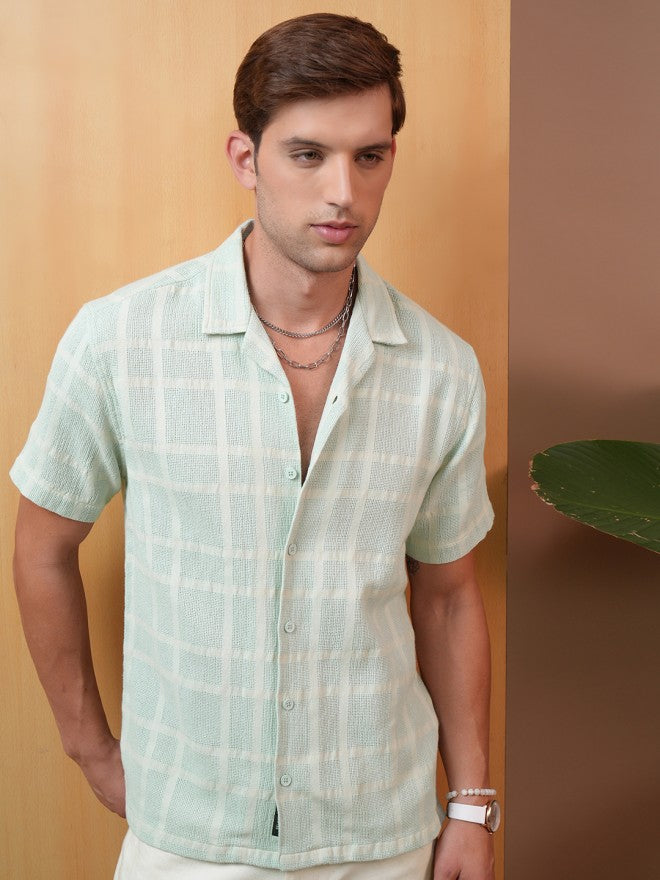 Locomotive Premium Men Green Checked Regular Fit Casual Shirt - Green - Image 7