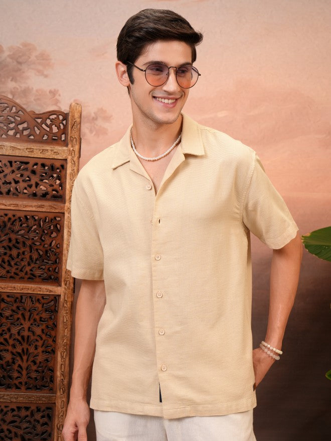 Locomotive Men Beige Solid Relaxed Fit Casual Shirt - Beige - Image 1