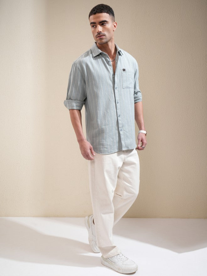 Locomotive Men Sage Striped Relaxed Fit Casual Shirt - Sage - Image 2