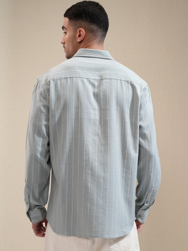 Locomotive Men Sage Striped Relaxed Fit Casual Shirt - Sage - Image 3