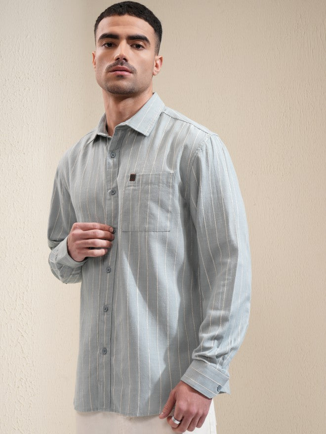Locomotive Men Sage Striped Relaxed Fit Casual Shirt - Sage - Image 4