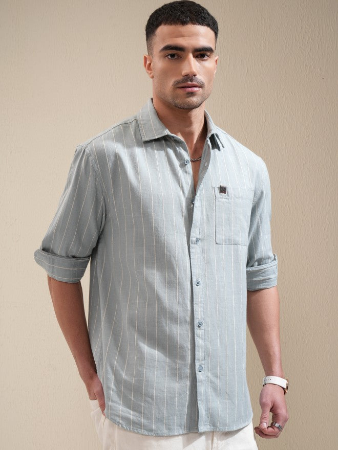 Locomotive Men Sage Striped Relaxed Fit Casual Shirt - Sage - Image 6