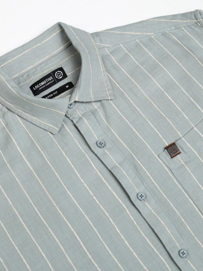 Locomotive Men Sage Striped Relaxed Fit Casual Shirt - Sage - Image 7
