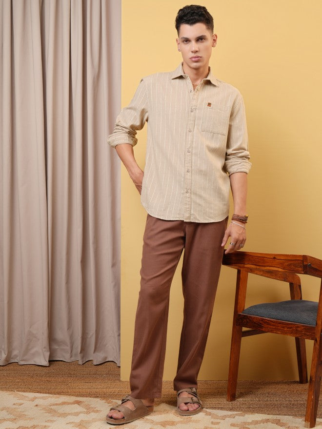 Locomotive Premium Men Khaki Dobby Textured Relaxed Shirt - Khaki - Image 2