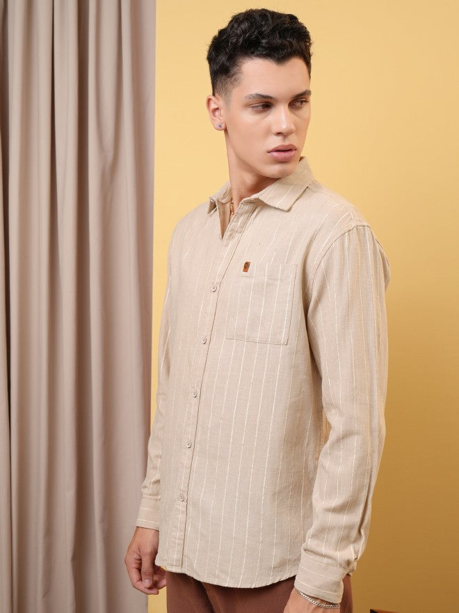 Locomotive Premium Men Khaki Dobby Textured Relaxed Shirt - Khaki - Image 4