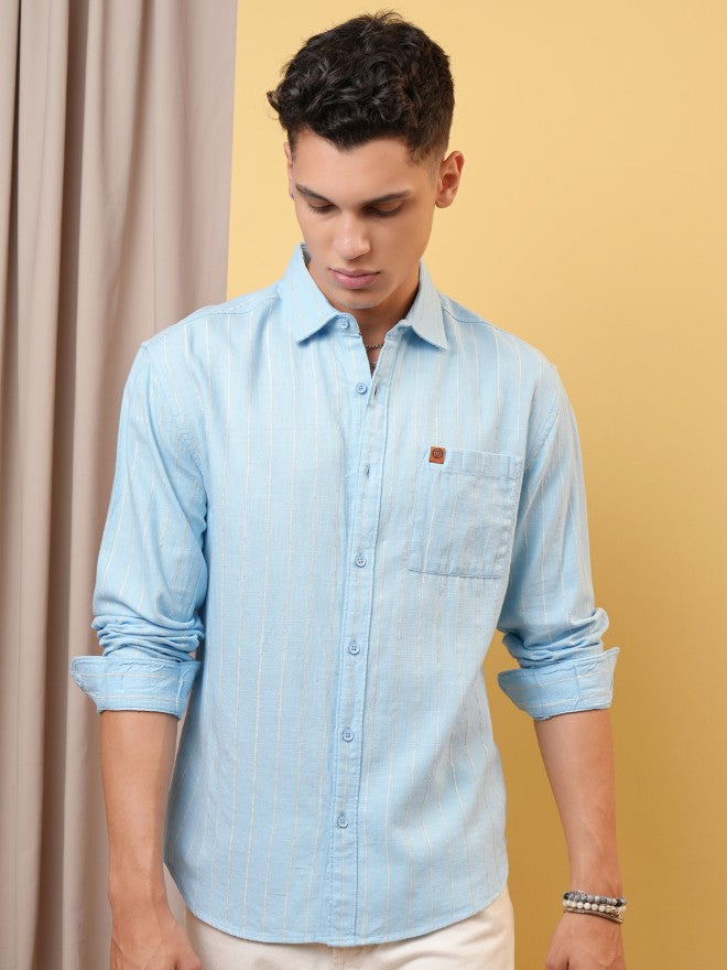 Locomotive Premium Men Blue Dobby Textured Relaxed Shirt - Blue - Image 1