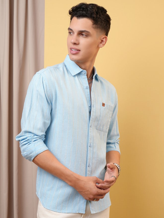 Locomotive Premium Men Blue Dobby Textured Relaxed Shirt - Blue - Image 6