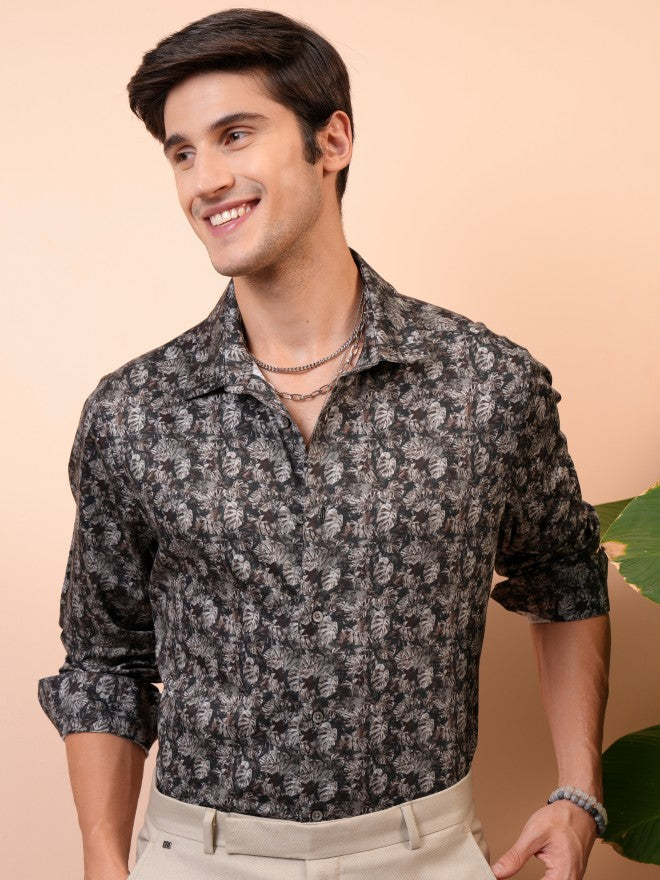 Locomotive Men Brown Printed Slim Fit Casual Shirt - Brown - Image 1