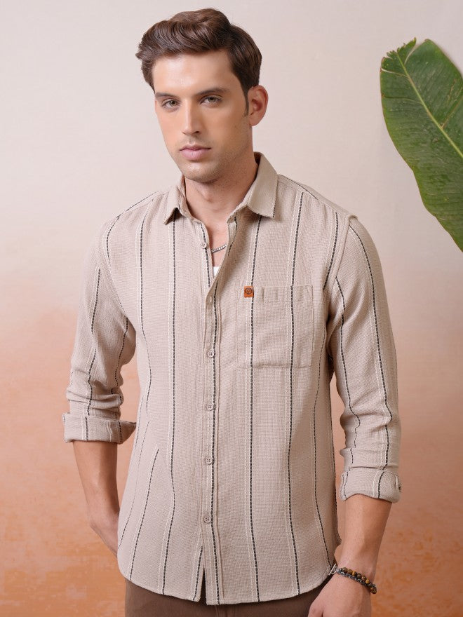 Locomotive Premium Men Khaki Dobby Textured Striped Relaxed Shirt - Khaki - Image 1