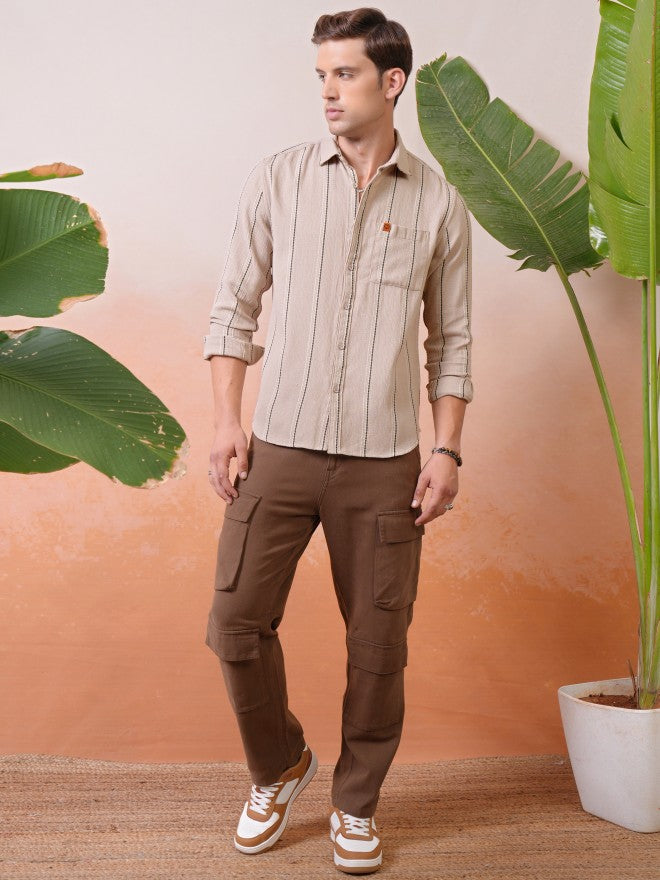 Locomotive Premium Men Khaki Dobby Textured Striped Relaxed Shirt - Khaki - Image 2