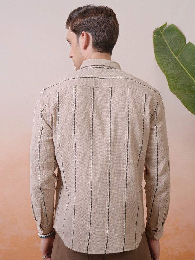 Locomotive Premium Men Khaki Dobby Textured Striped Relaxed Shirt - Khaki - Image 3