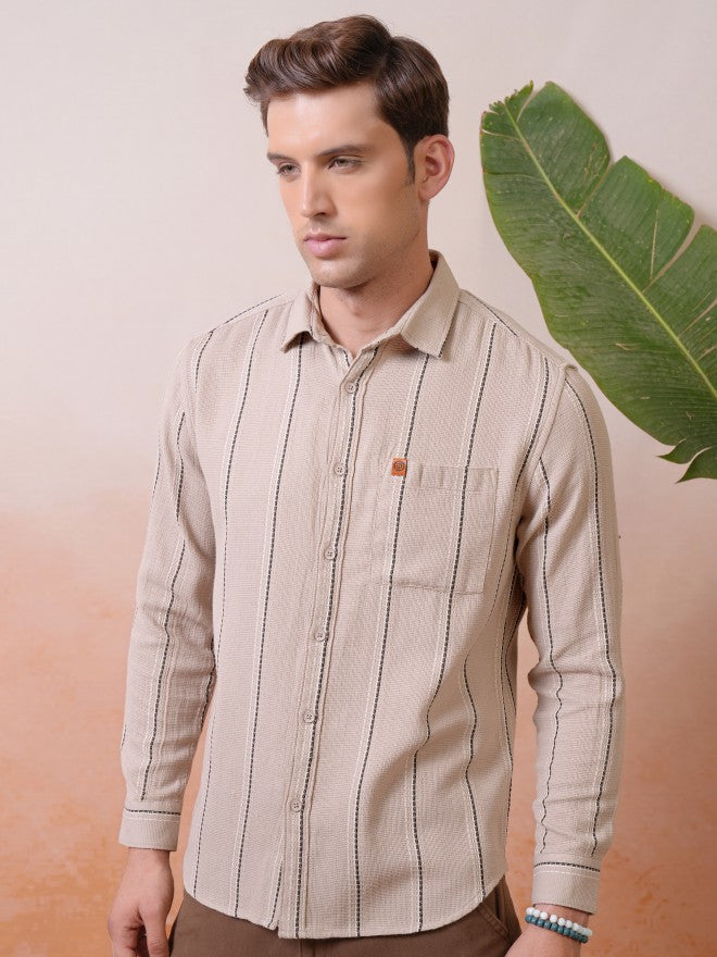 Locomotive Premium Men Khaki Dobby Textured Striped Relaxed Shirt - Khaki - Image 4