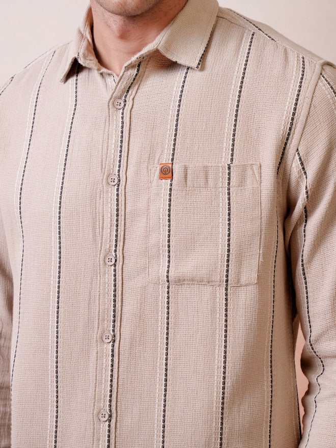 Locomotive Premium Men Khaki Dobby Textured Striped Relaxed Shirt - Khaki - Image 5