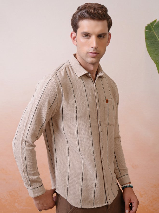 Locomotive Premium Men Khaki Dobby Textured Striped Relaxed Shirt - Khaki - Image 6
