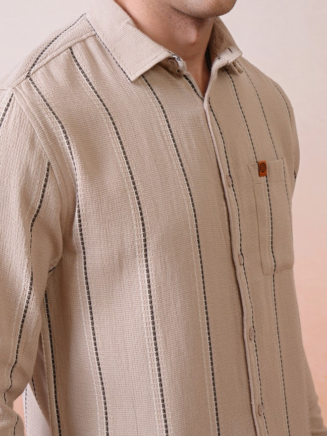 Locomotive Premium Men Khaki Dobby Textured Striped Relaxed Shirt - Khaki - Image 7