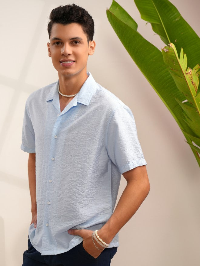 Locomotive Men Blue Self Design Regular Fit Casual Shirt - Blue - Image 4