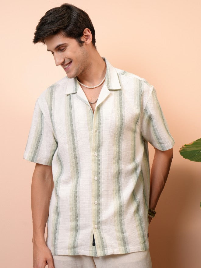 Locomotive Men Green Striped Regular Fit Casual Shirt - Green - Image 1