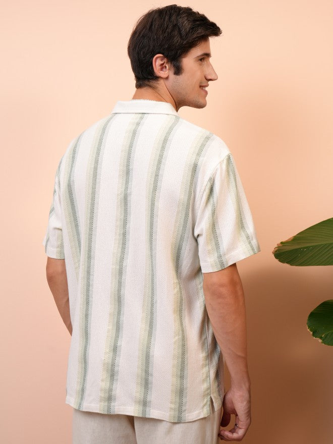 Locomotive Men Green Striped Regular Fit Casual Shirt - Green - Image 3