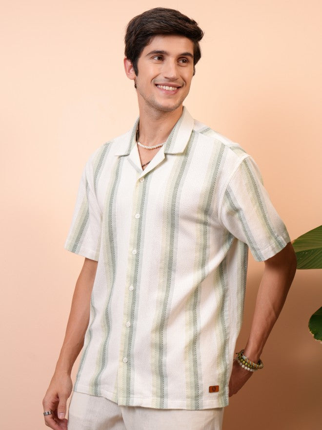 Locomotive Men Green Striped Regular Fit Casual Shirt - Green - Image 4