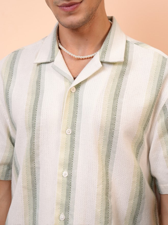 Locomotive Men Green Striped Regular Fit Casual Shirt - Green - Image 5
