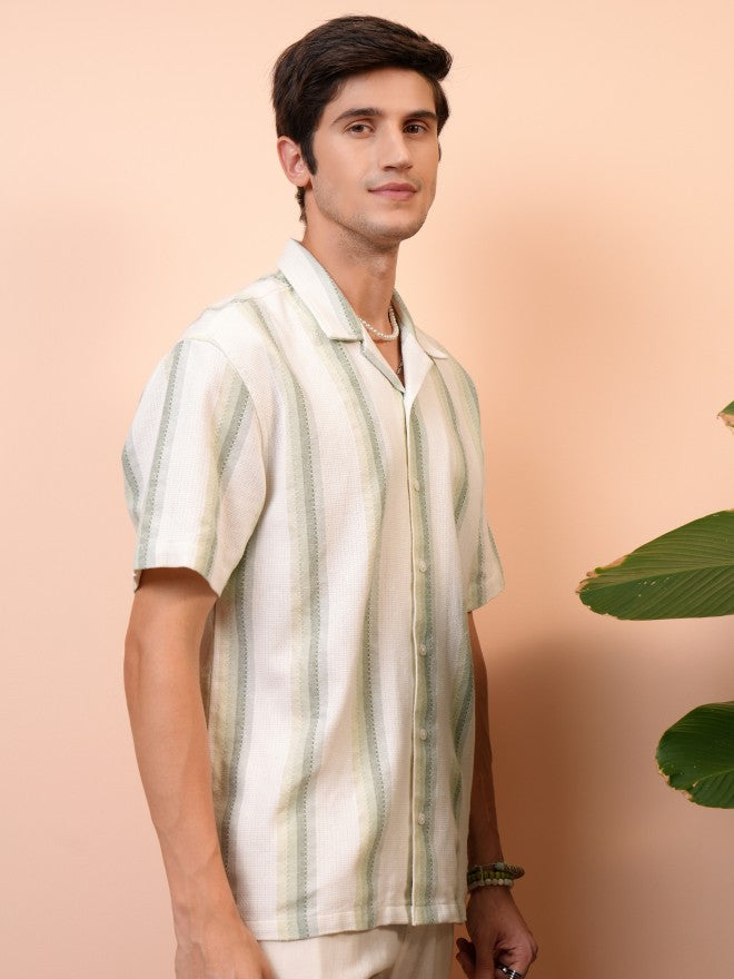 Locomotive Men Green Striped Regular Fit Casual Shirt - Green - Image 6