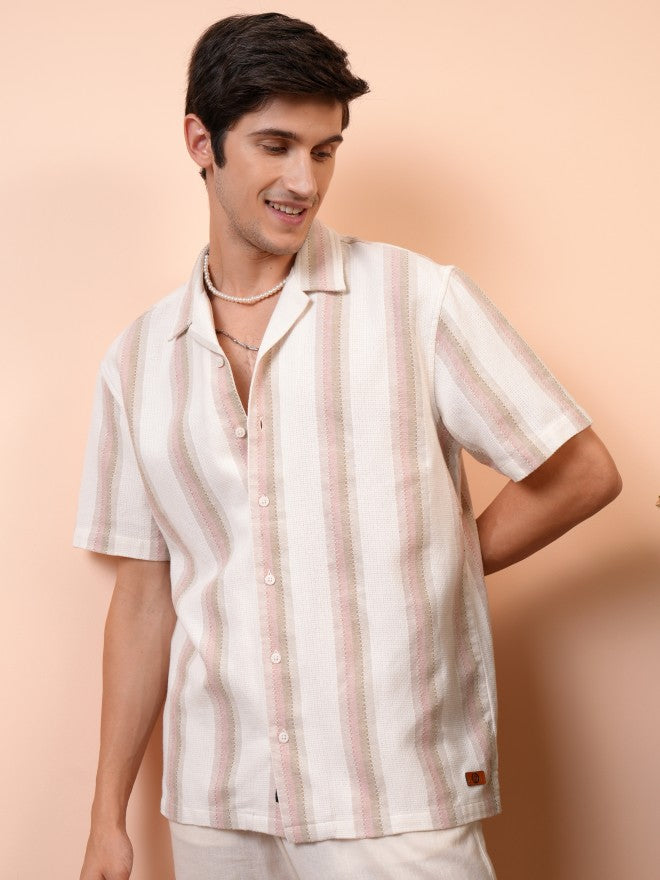 Locomotive Men Pink Striped Regular Fit Casual Shirt - Pink - Image 1