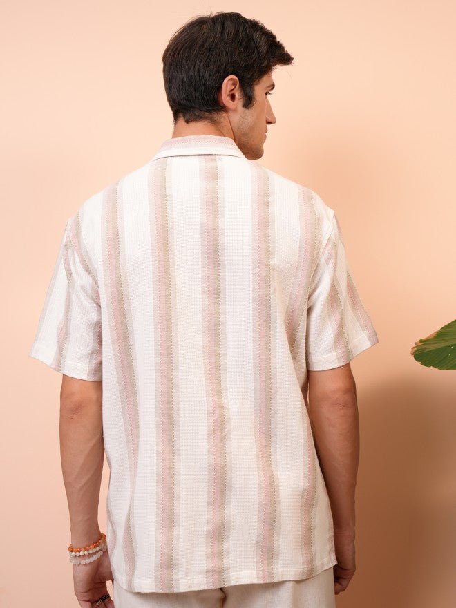 Locomotive Men Pink Striped Regular Fit Casual Shirt - Pink - Image 3