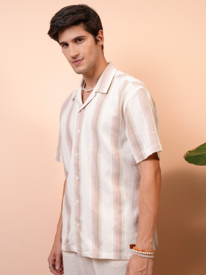 Locomotive Men Pink Striped Regular Fit Casual Shirt - Pink - Image 4