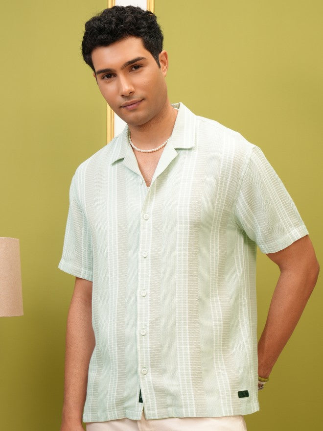 Locomotive Premium Men Green Striped Relaxed Fit Casual Shirt - Green - Image 1