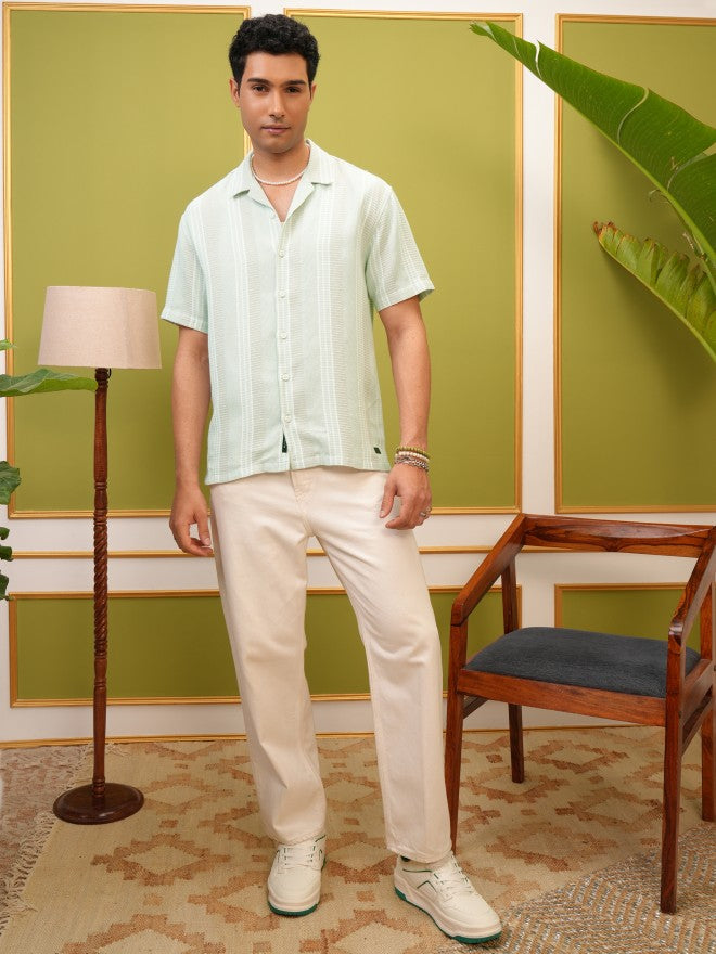 Locomotive Premium Men Green Striped Relaxed Fit Casual Shirt - Green - Image 2