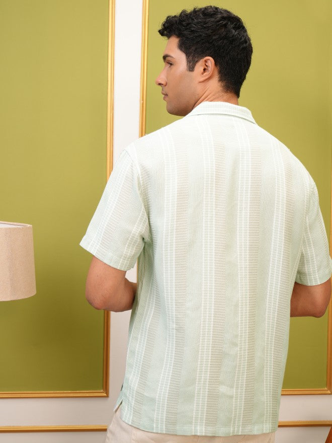 Locomotive Premium Men Green Striped Relaxed Fit Casual Shirt - Green - Image 3