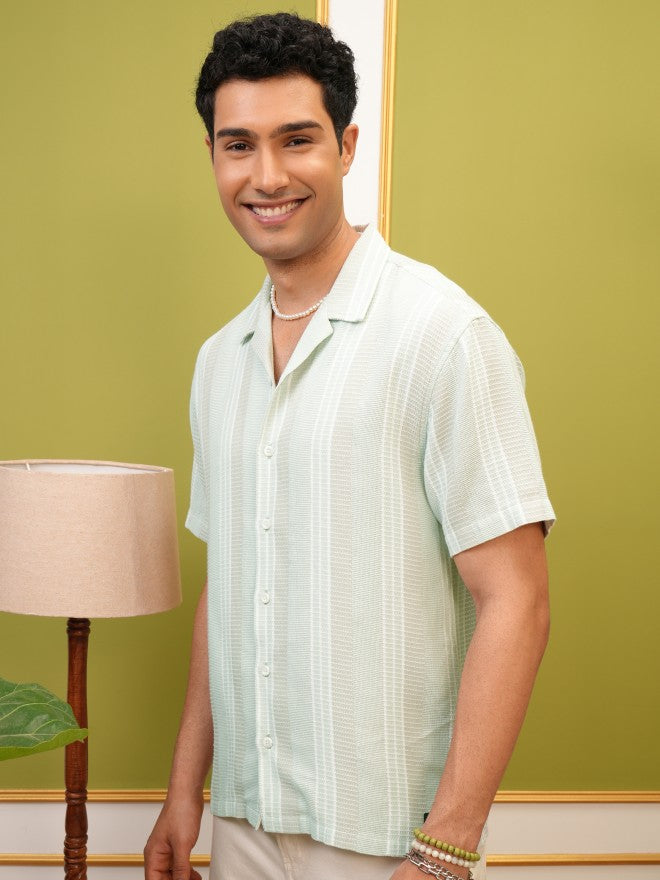 Locomotive Premium Men Green Striped Relaxed Fit Casual Shirt - Green - Image 4