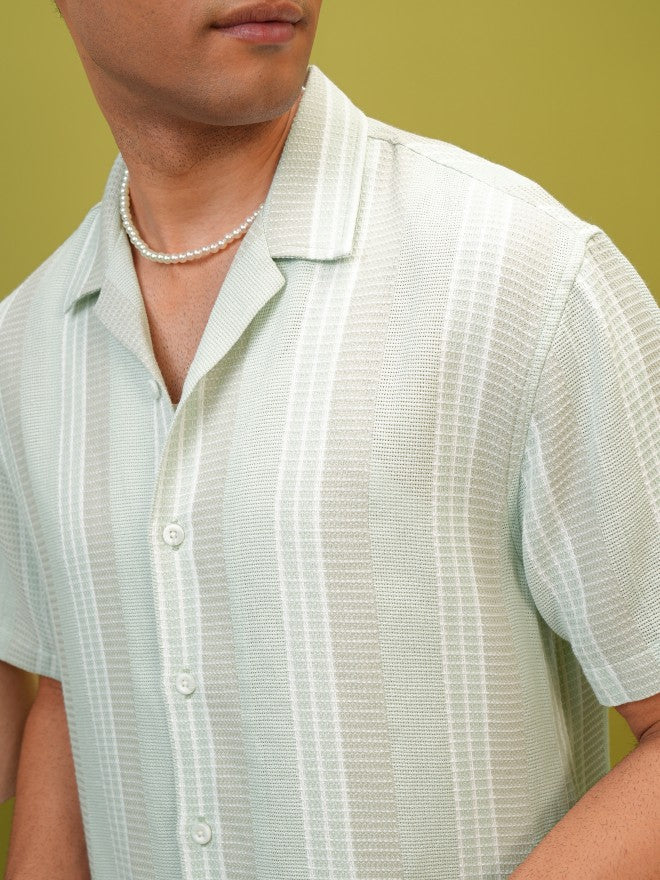 Locomotive Premium Men Green Striped Relaxed Fit Casual Shirt - Green - Image 5