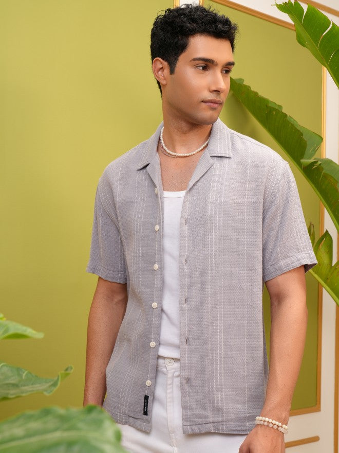 Locomotive Men Grey Striped Relaxed Fit Casual Shirt - Grey - Image 1
