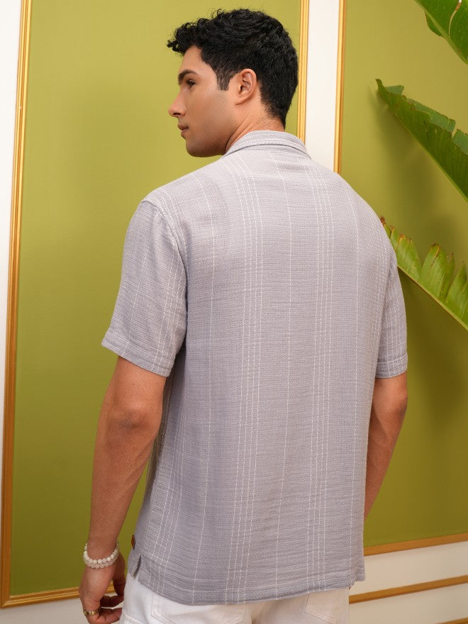 Locomotive Men Grey Striped Relaxed Fit Casual Shirt - Grey - Image 3